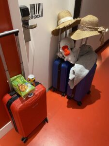 Three suitcases in a hotel corridor